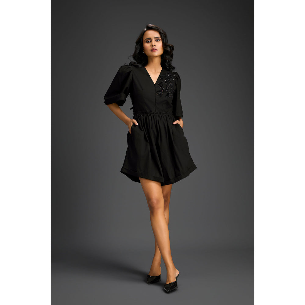 Deepika Arora Black V-Neck Flared Hem with Floral & Glossy Leaf Embellished Playsuit