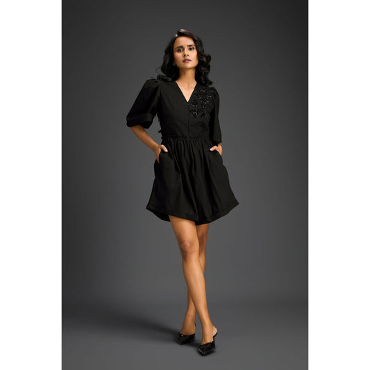 Deepika Arora Black V-Neck Flared Hem with Floral & Glossy Leaf Embellished Playsuit