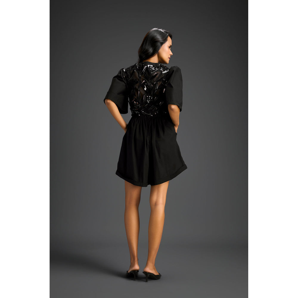 Deepika Arora Black V-Neck Flared Hem with Floral & Glossy Leaf Embellished Playsuit