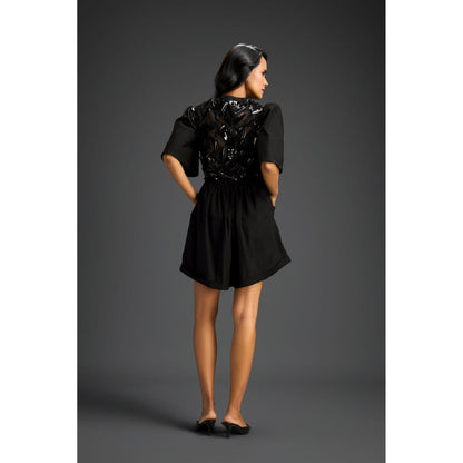 Deepika Arora Black V-Neck Flared Hem with Floral & Glossy Leaf Embellished Playsuit