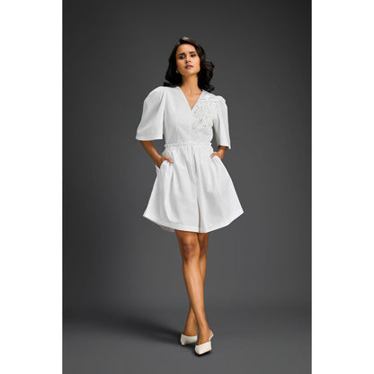 Deepika Arora White V-Neck Flared Hem with Floral & Glossy Leaf Embellished Playsuit