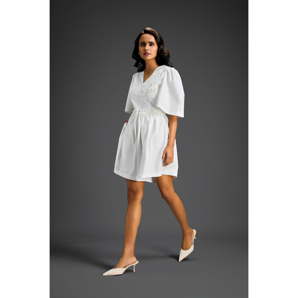 Deepika Arora White V-Neck Flared Hem with Floral & Glossy Leaf Embellished Playsuit