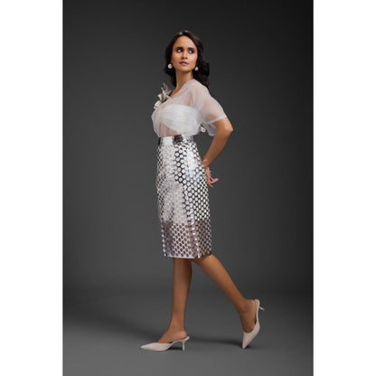 Deepika Arora White Textured Top with Skirt (Set of 2)