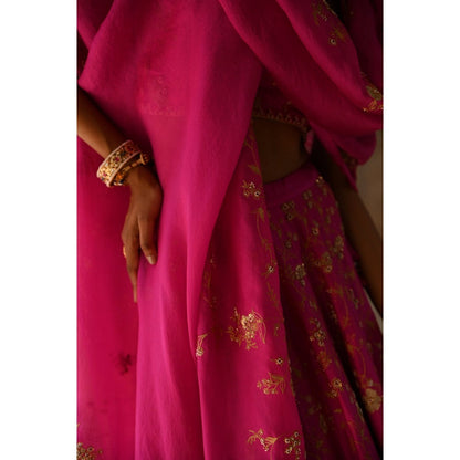 DEEPTHEE Fuchsia Pink Hand Embroidered Lehenga (Set of 3)