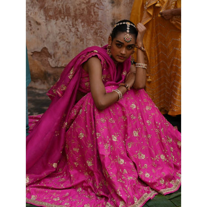 DEEPTHEE Fuchsia Pink Hand Embroidered Lehenga (Set of 3)