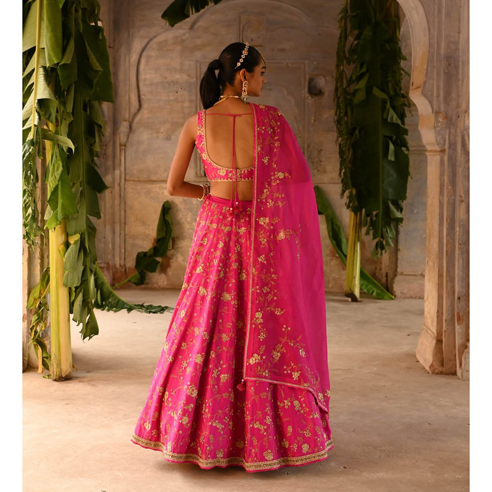 DEEPTHEE Fuchsia Pink Hand Embroidered Lehenga (Set of 3)