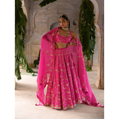 DEEPTHEE Fuchsia Pink Hand Embroidered Lehenga (Set of 3)