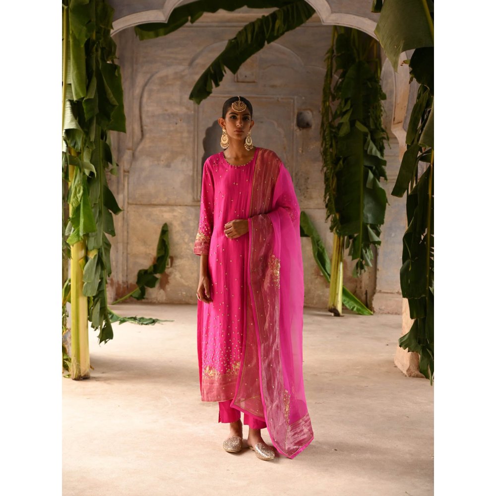 DEEPTHEE Fuchsia Pink Hand Embroidered Straight Kurta (Set of 3)