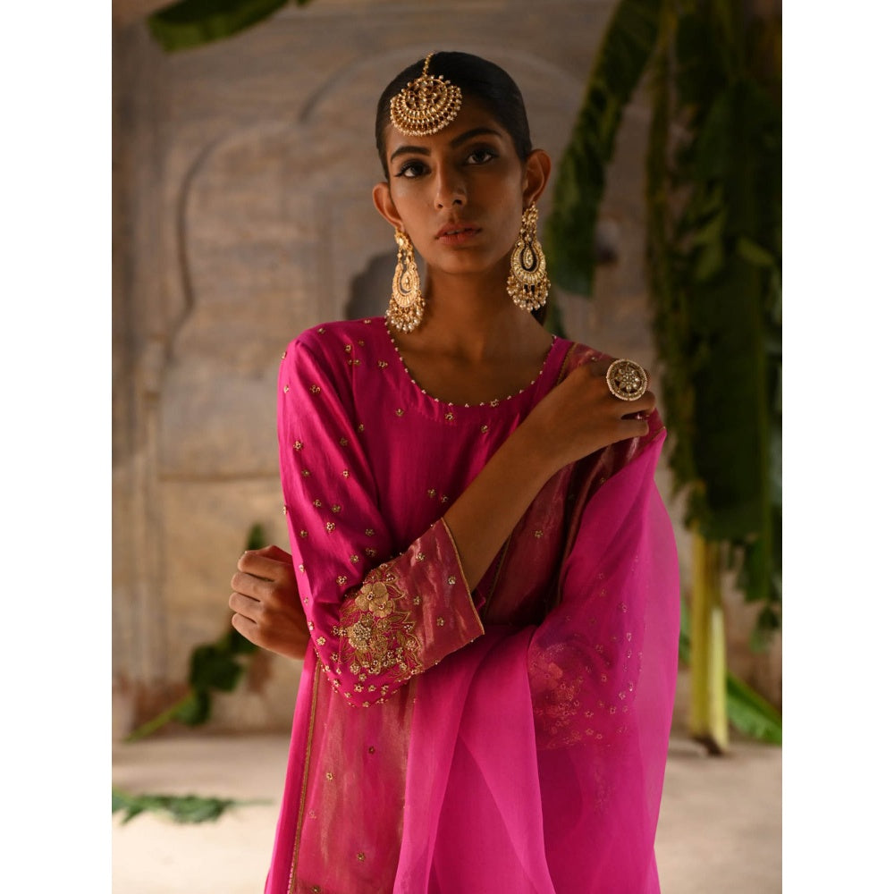 DEEPTHEE Fuchsia Pink Hand Embroidered Straight Kurta (Set of 3)