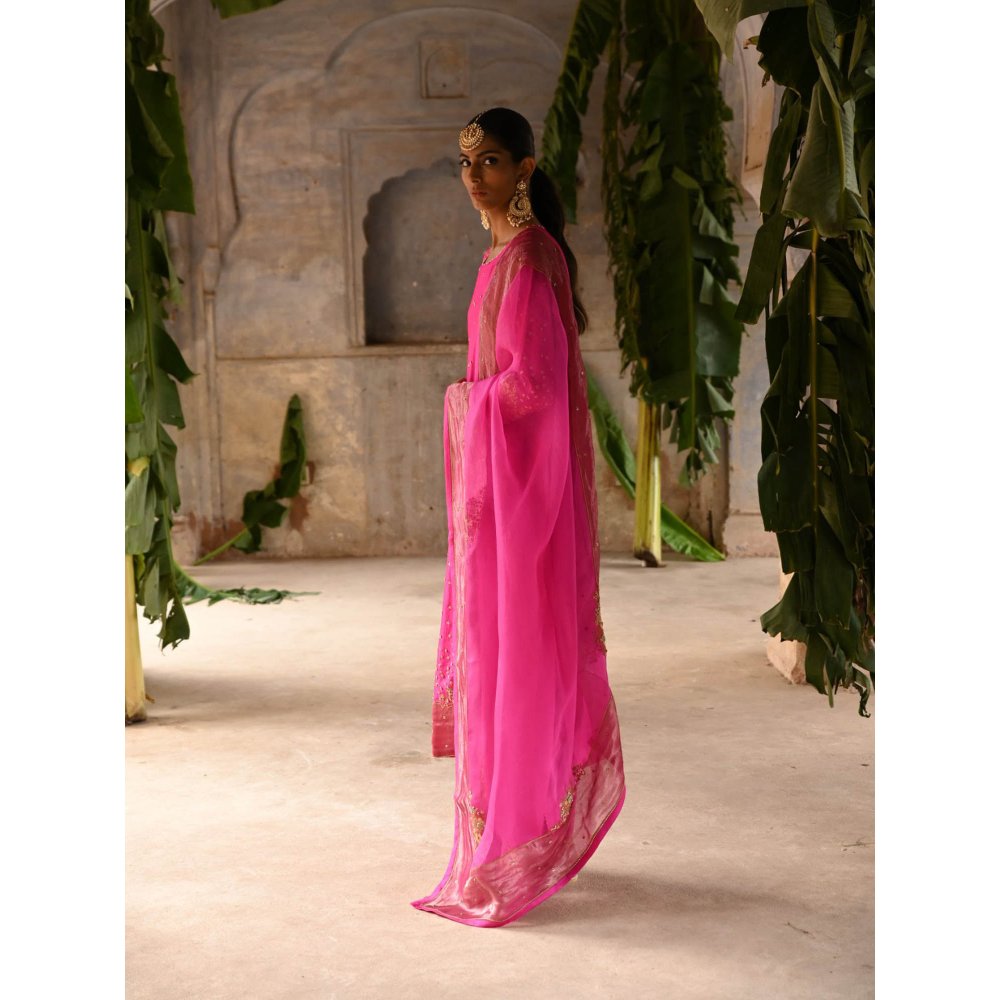 DEEPTHEE Fuchsia Pink Hand Embroidered Straight Kurta (Set of 3)