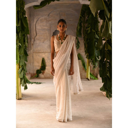 DEEPTHEE Ivory Half Organza and Half Silk Saree with Stitched Blouse