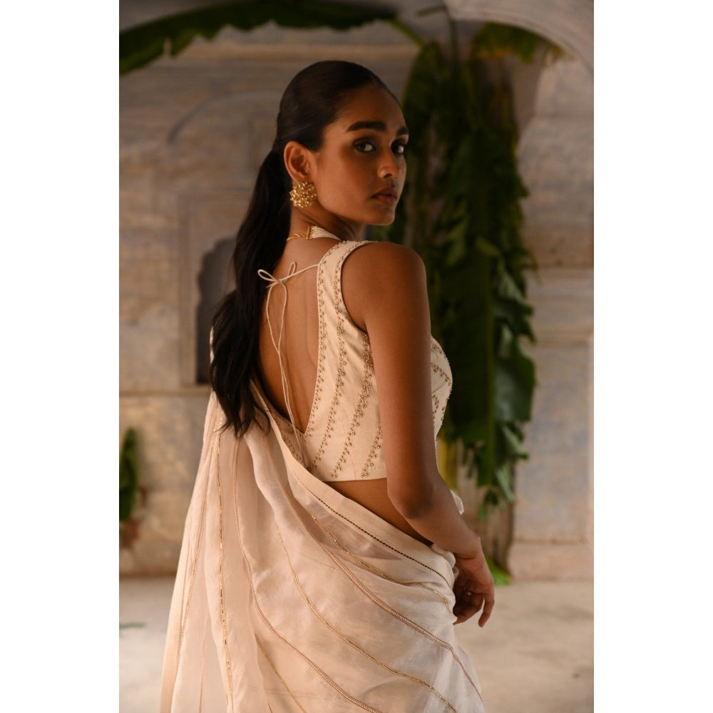 DEEPTHEE Ivory Half Organza and Half Silk Saree with Stitched Blouse