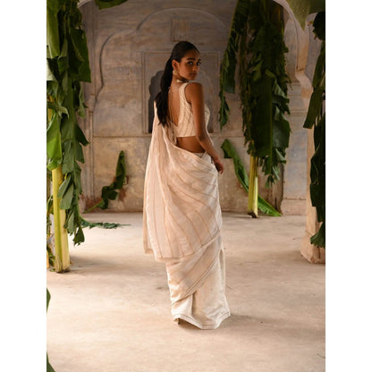 DEEPTHEE Ivory Half Organza and Half Silk Saree with Stitched Blouse