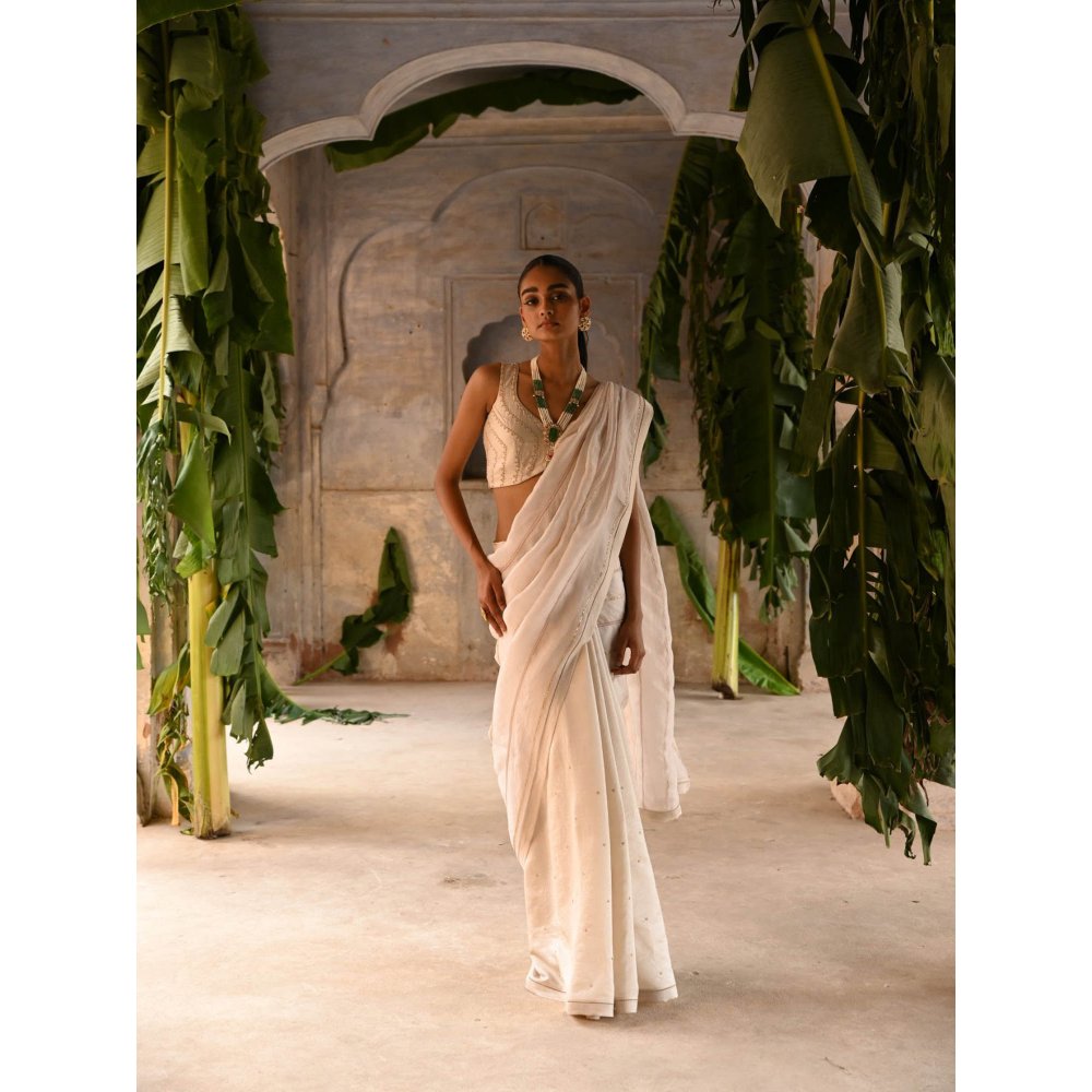 DEEPTHEE Ivory Half Organza and Half Silk Saree with Stitched Blouse