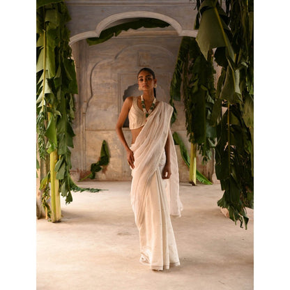 DEEPTHEE Ivory Half Organza and Half Silk Saree with Stitched Blouse