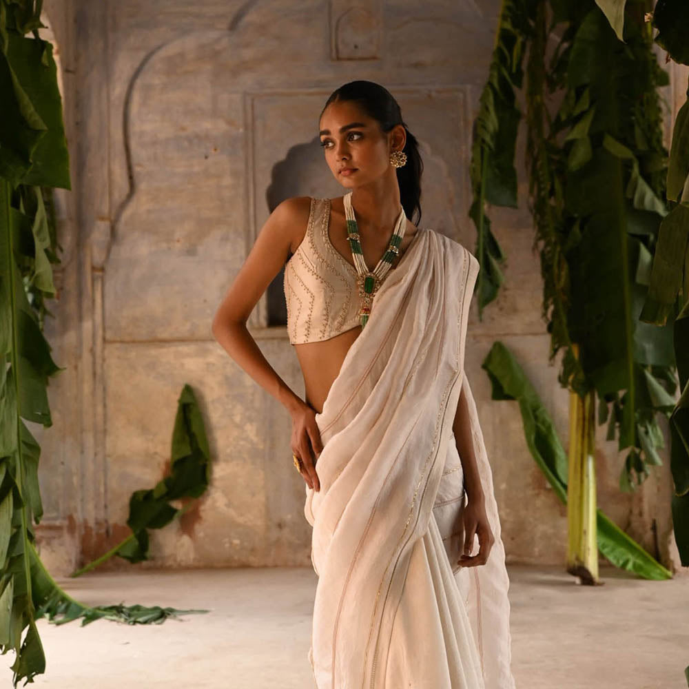 DEEPTHEE Ivory Half Organza and Half Silk Saree with Stitched Blouse