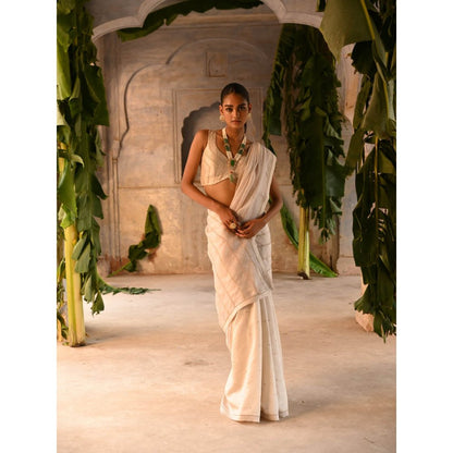 DEEPTHEE Ivory Half Organza and Half Silk Saree with Stitched Blouse