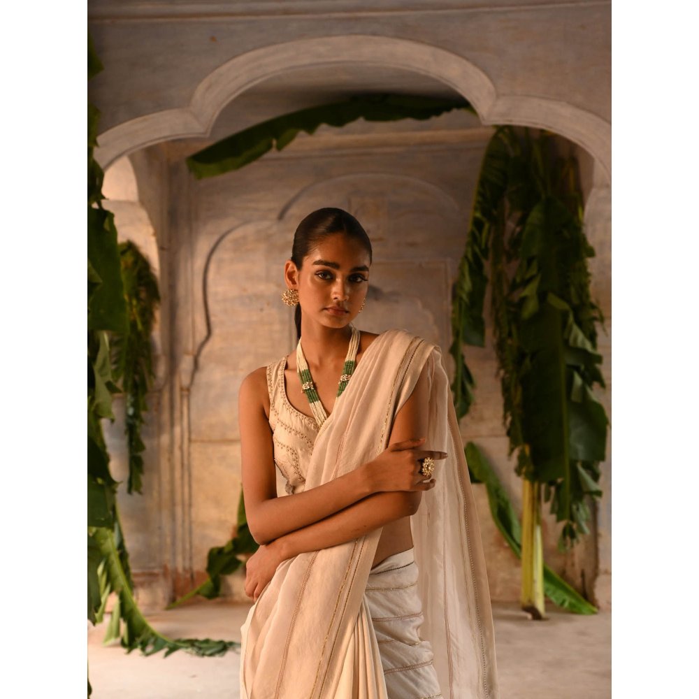 DEEPTHEE Ivory Half Organza and Half Silk Saree with Stitched Blouse