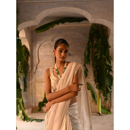 DEEPTHEE Ivory Half Organza and Half Silk Saree with Stitched Blouse