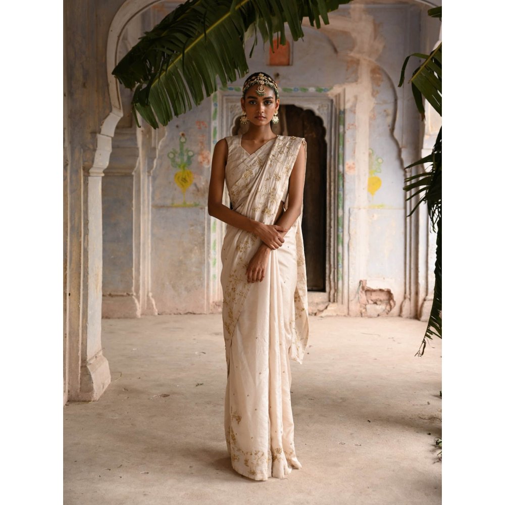 DEEPTHEE Ivory Silk Saree with Stitched Blouse