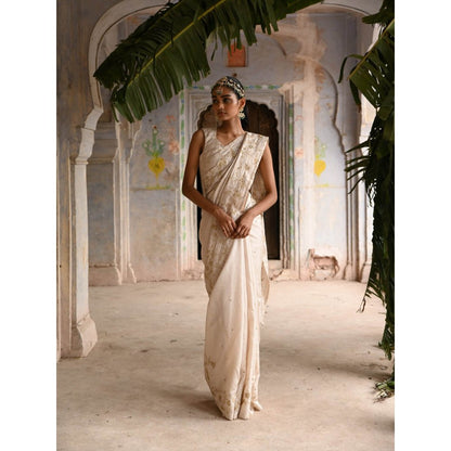 DEEPTHEE Ivory Silk Saree with Stitched Blouse