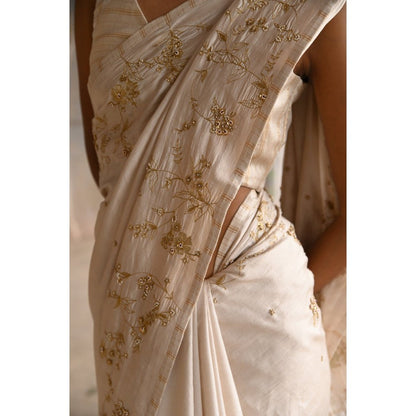 DEEPTHEE Ivory Silk Saree with Stitched Blouse