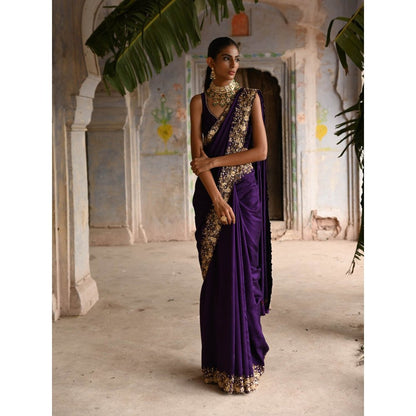 DEEPTHEE Aubergine Saree with Stitched Blouse