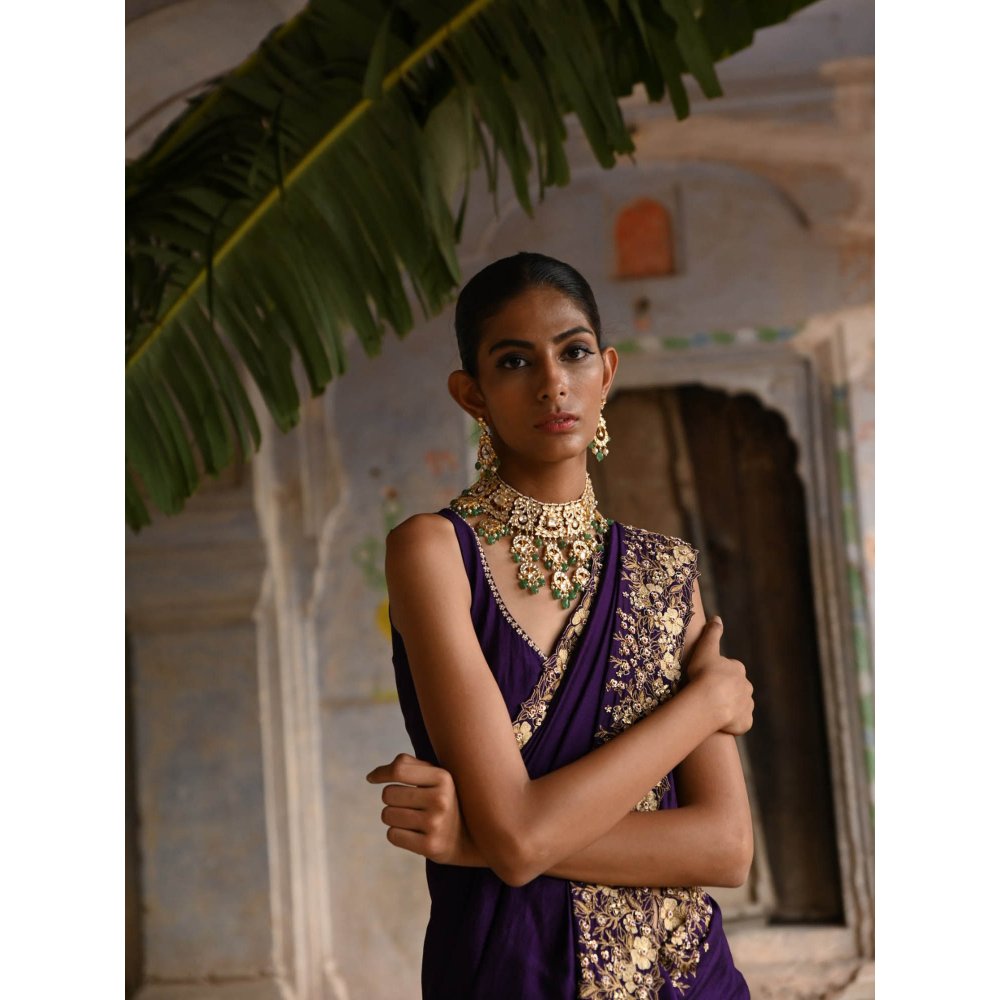 DEEPTHEE Aubergine Saree with Stitched Blouse
