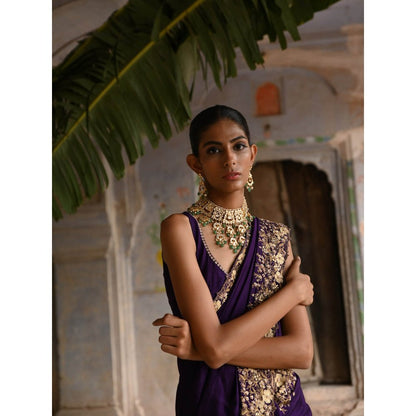 DEEPTHEE Aubergine Saree with Stitched Blouse