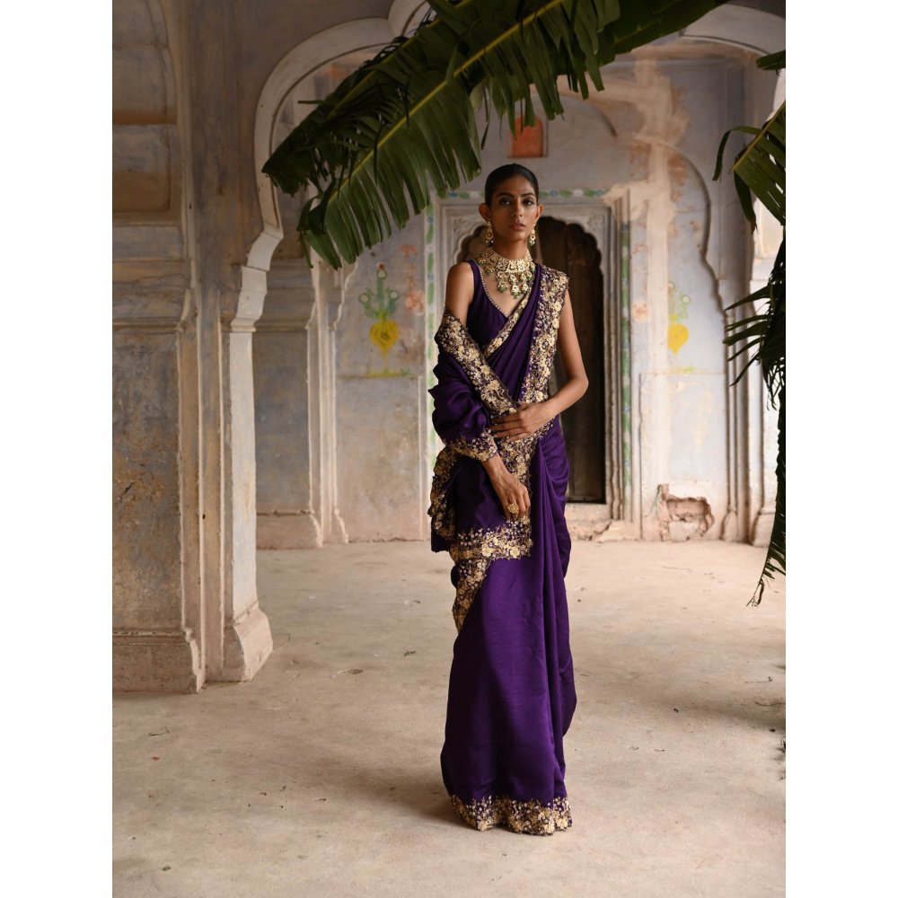 DEEPTHEE Aubergine Saree with Stitched Blouse