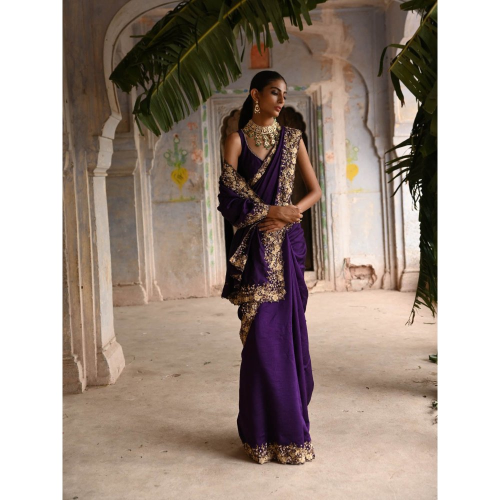 DEEPTHEE Aubergine Saree with Stitched Blouse