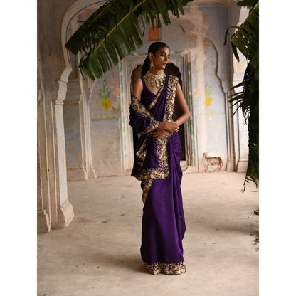 DEEPTHEE Aubergine Saree with Stitched Blouse