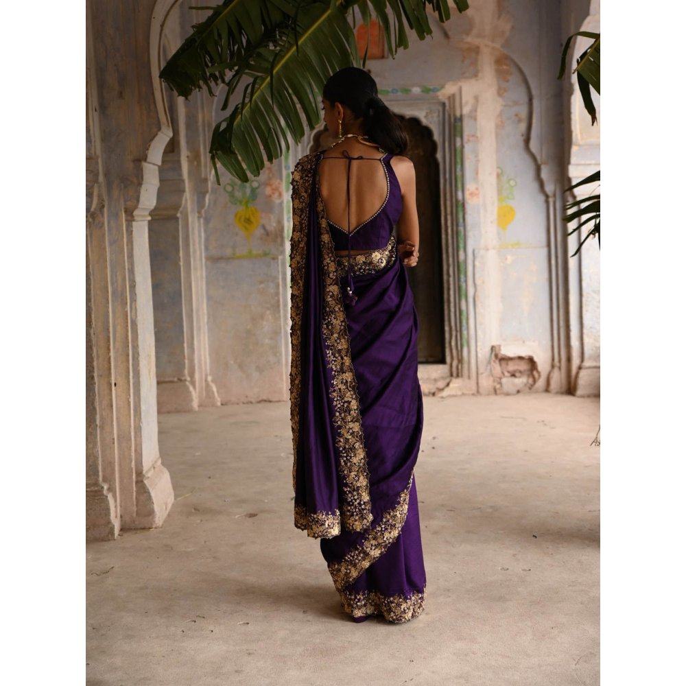 DEEPTHEE Aubergine Saree with Stitched Blouse