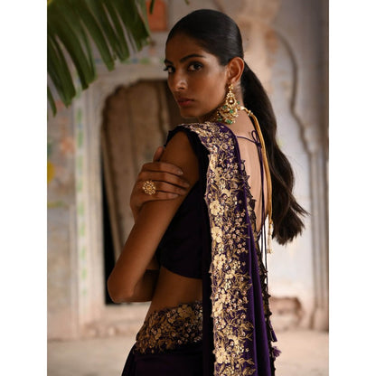 DEEPTHEE Aubergine Saree with Stitched Blouse