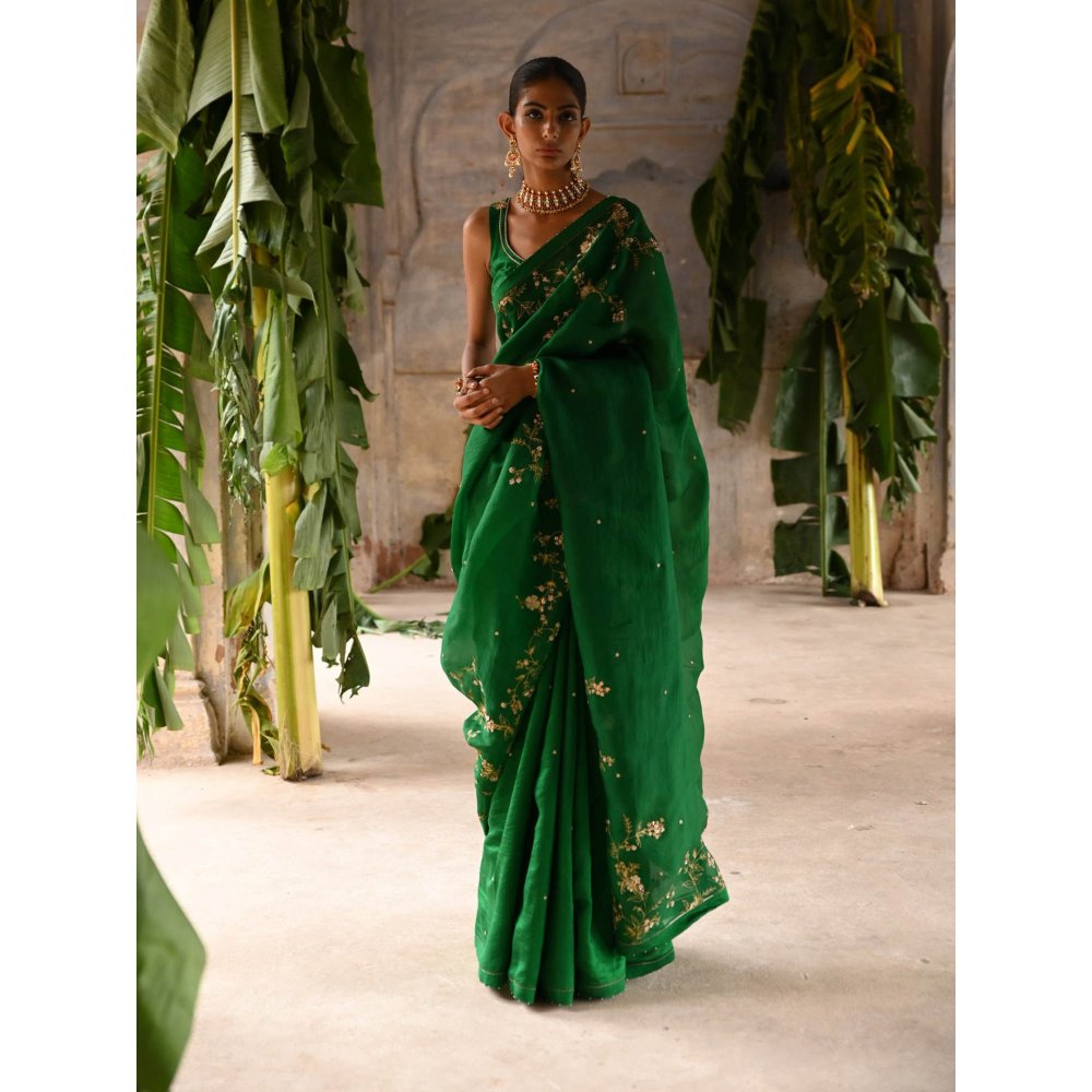 DEEPTHEE Green Half Organza and Half Silk Saree with Stitched Blouse