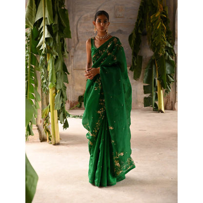 DEEPTHEE Green Half Organza and Half Silk Saree with Stitched Blouse
