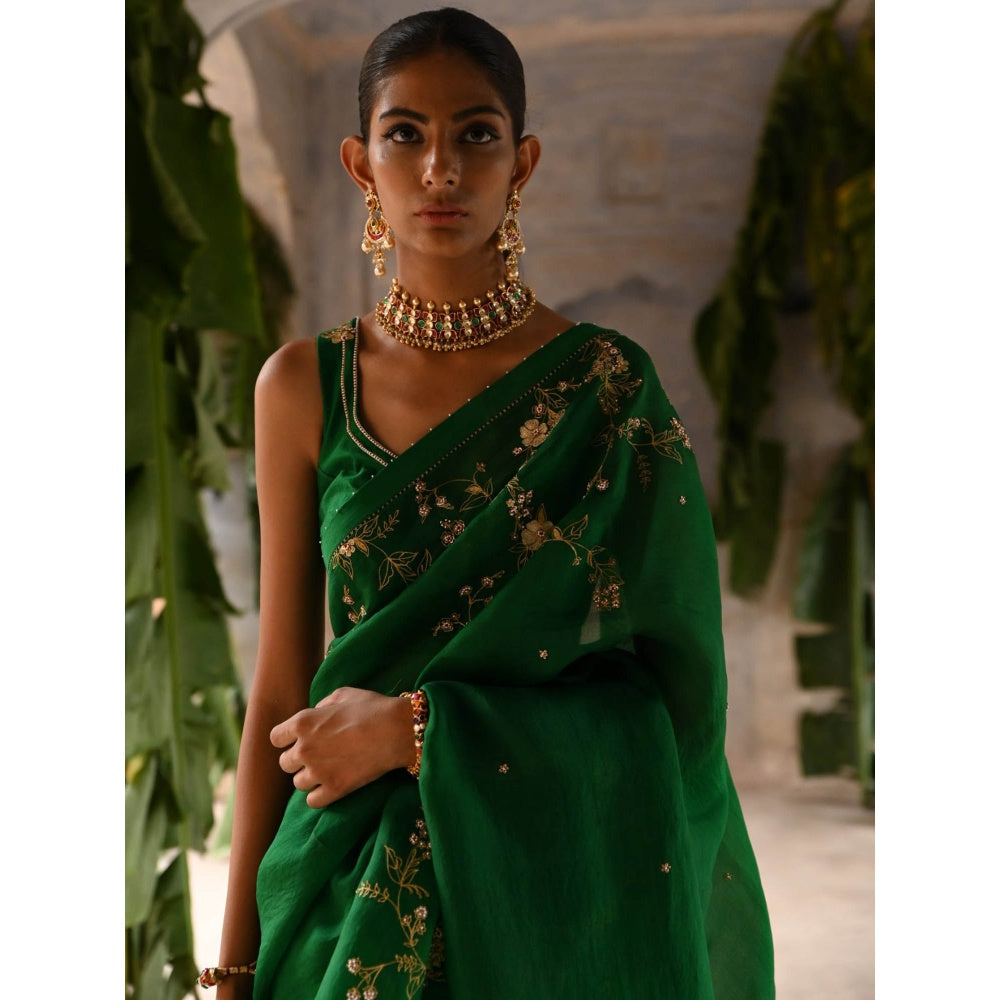 DEEPTHEE Green Half Organza and Half Silk Saree with Stitched Blouse