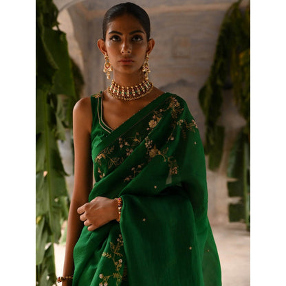 DEEPTHEE Green Half Organza and Half Silk Saree with Stitched Blouse