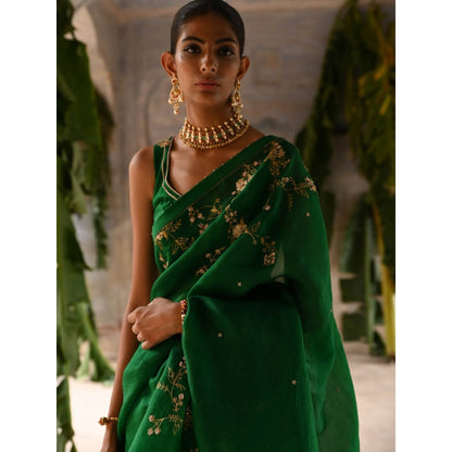 DEEPTHEE Green Half Organza and Half Silk Saree with Stitched Blouse
