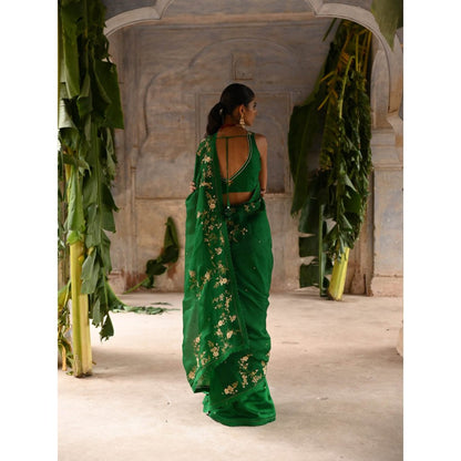 DEEPTHEE Green Half Organza and Half Silk Saree with Stitched Blouse