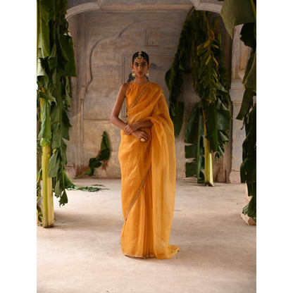 DEEPTHEE Mustard Yellow Hand Embroidered Saree with Stitched Blouse