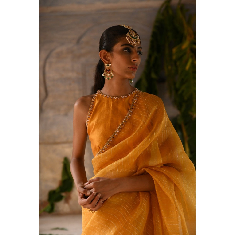 DEEPTHEE Mustard Yellow Hand Embroidered Saree with Stitched Blouse
