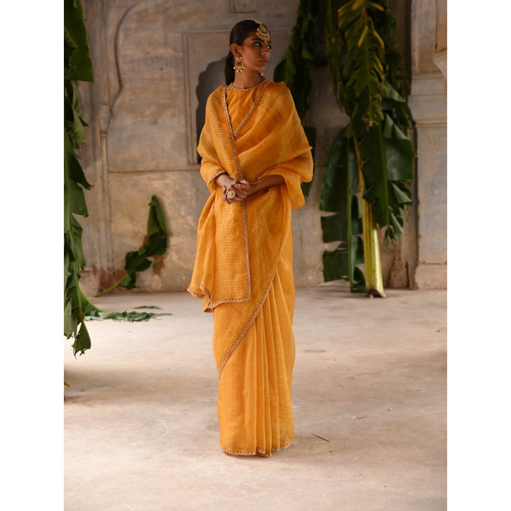 DEEPTHEE Mustard Yellow Hand Embroidered Saree with Stitched Blouse
