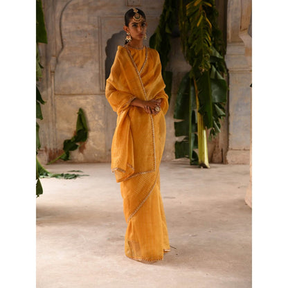 DEEPTHEE Mustard Yellow Hand Embroidered Saree with Stitched Blouse