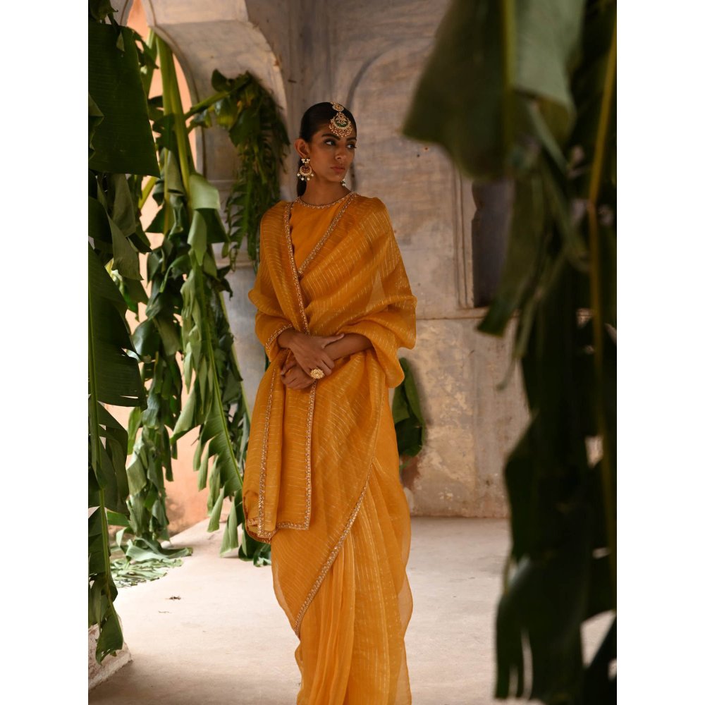 DEEPTHEE Mustard Yellow Hand Embroidered Saree with Stitched Blouse