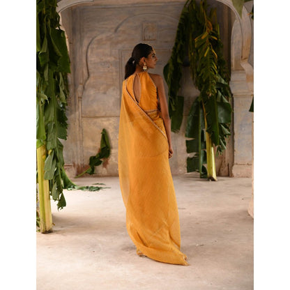 DEEPTHEE Mustard Yellow Hand Embroidered Saree with Stitched Blouse