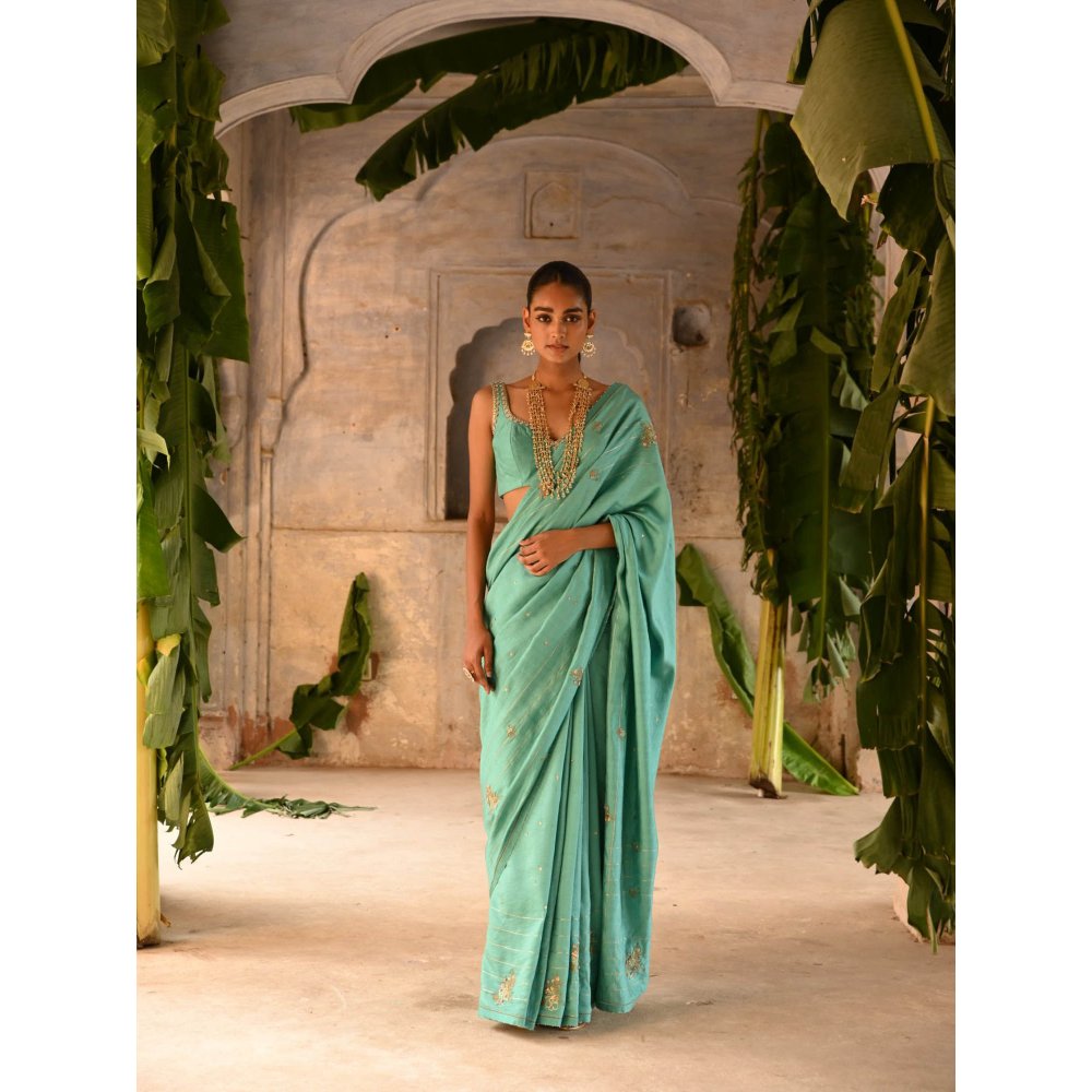 DEEPTHEE Powder Blue Hand Embroidered Saree with Stitched Blouse