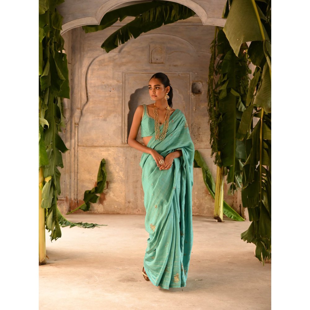 DEEPTHEE Powder Blue Hand Embroidered Saree with Stitched Blouse