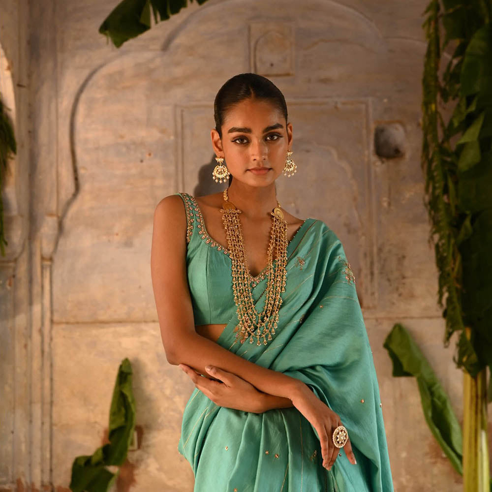 DEEPTHEE Powder Blue Hand Embroidered Saree with Stitched Blouse