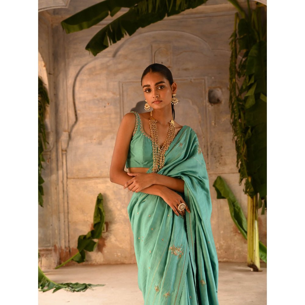 DEEPTHEE Powder Blue Hand Embroidered Saree with Stitched Blouse